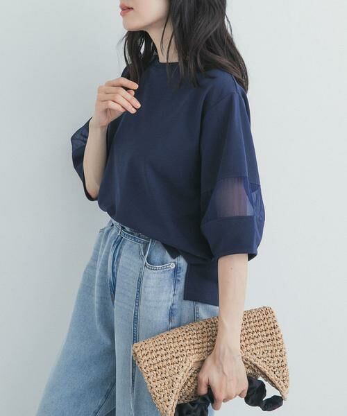 URBAN RESEARCH DOORS / アーバンリサーチ ドアーズ Tシャツ | 異素材ドッキングスリーブプルオーバー（ネイビー）