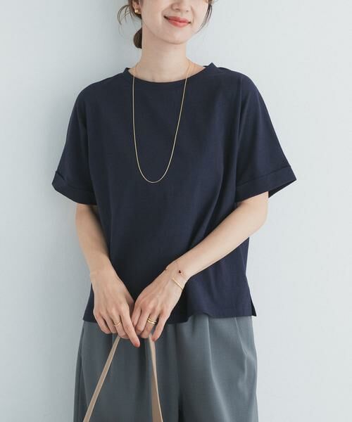 URBAN RESEARCH DOORS / アーバンリサーチ ドアーズ Tシャツ | 『UR TECH』コットンロールスリーブプルオーバー（ネイビー）