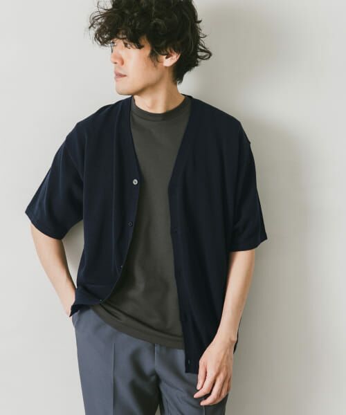 ＊＊URBAN RESEARCH DOORS / アーバンリサーチ ドアーズ カーディガン・ボレロ | 強撚5分袖ニットカーディガン（NAVY）
