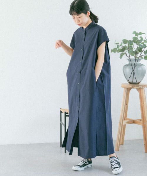 ＊＊URBAN RESEARCH DOORS / アーバンリサーチ ドアーズ ワンピース | FORK&SPOON　バンドカラーフレンチスリーブシャツワンピース（NAVY）