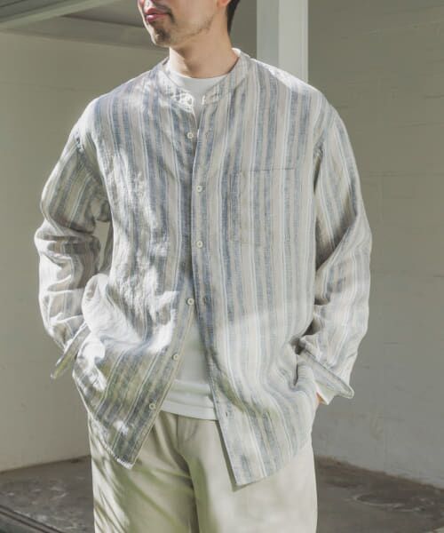 ＊＊URBAN RESEARCH DOORS / アーバンリサーチ ドアーズ シャツ・ブラウス | シルケットリネン バンドカラーロングスリーブシャツ（ECRU ST）