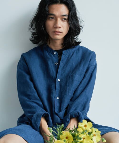 ＊＊URBAN RESEARCH DOORS / アーバンリサーチ ドアーズ シャツ・ブラウス | シルケットリネン バンドカラーロングスリーブシャツ（INDIGO）
