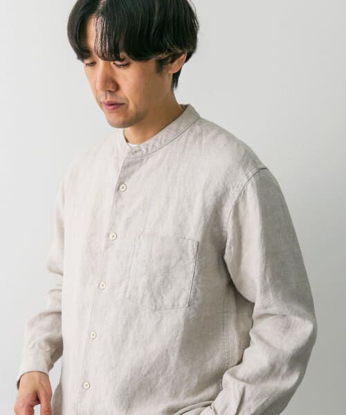 セール】 シルケットリネン バンドカラーロングスリーブシャツ