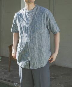 シルケットリネン バンドカラーショートスリーブシャツ