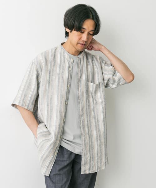 セール】 シルケットリネン バンドカラーショートスリーブシャツ