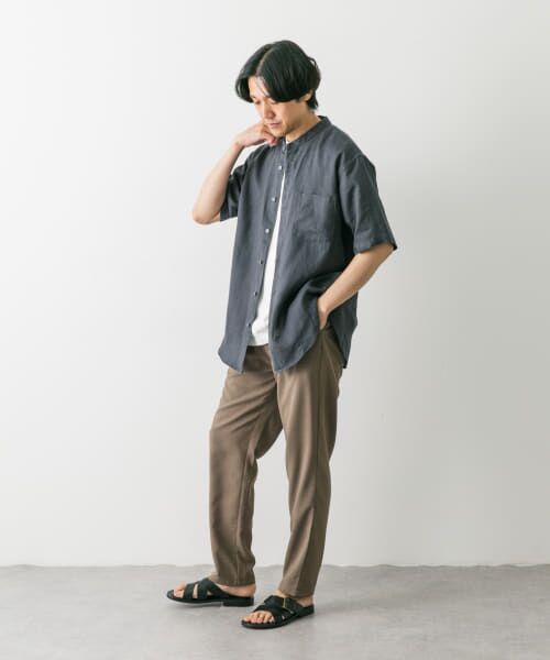 セール】 シルケットリネン バンドカラーショートスリーブシャツ