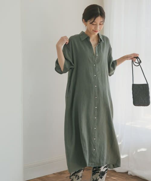 美品▲アーバンリサーチドアーズ シャツワンピース ロング リネン100% F 美品】 アーバンリサーチドアーズ シャツワンピース ロング