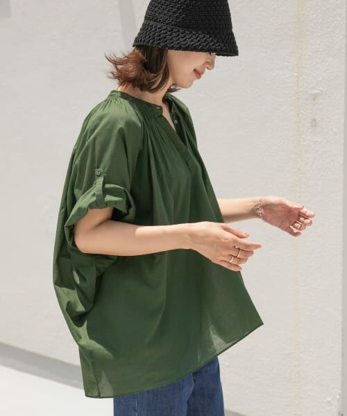 B1563S【慈雨/ジウ】ブラウスシャツ アシメントリー リネン 日本製 セール】 製品染めロールスリーブブラウス （シャツ・ブラウス