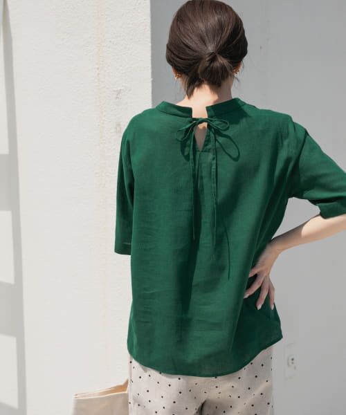 ＊＊URBAN RESEARCH DOORS / アーバンリサーチ ドアーズ シャツ・ブラウス | リネンコットンバックリボンブラウス（GREEN）