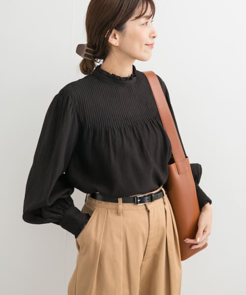 united bamboo 日本製　リボンピンタック　ノーカラーブラウス united bamboo 日本製 リボンピンタック ノーカラーブラウス