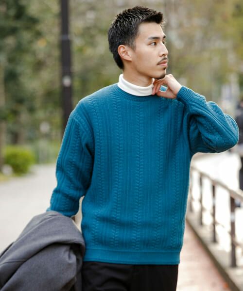 ＊＊URBAN RESEARCH DOORS / アーバンリサーチ ドアーズ ニット・セーター | チュニジアウール ケーブル ニット（GREEN）