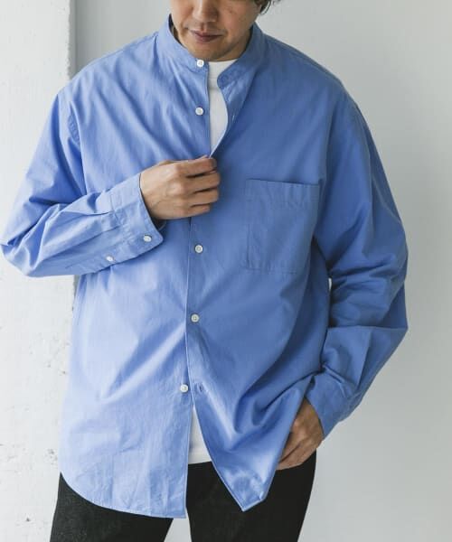 リュバンドール　シャツロンパースセット　ブルー セール】 シルクブレンド ロングスリーブバンドカラーシャツ