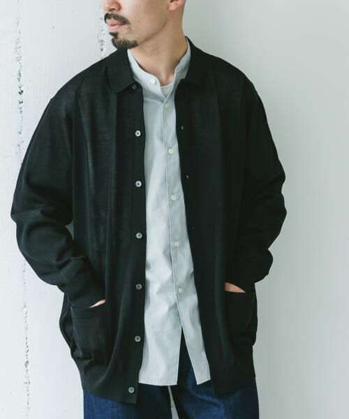＊＊URBAN RESEARCH DOORS / アーバンリサーチ ドアーズ カーディガン・ボレロ | リネンライク ロングスリーブシャツカーディガン（BLACK）
