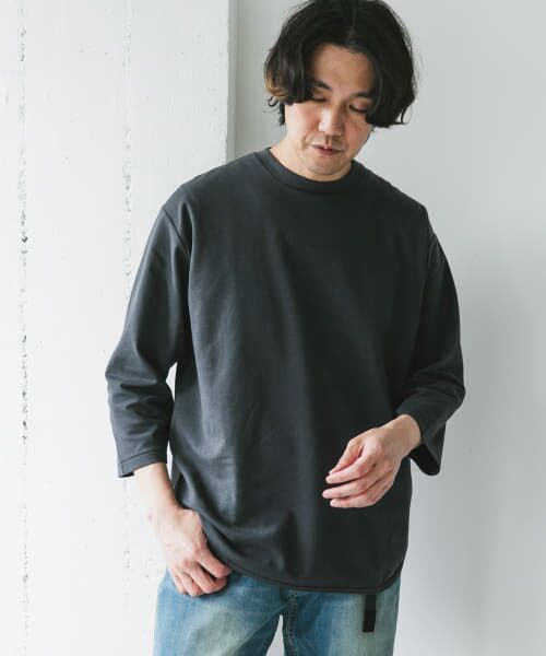 ＊＊URBAN RESEARCH DOORS / アーバンリサーチ ドアーズ Tシャツ | ポンチ8分袖ラウンドヘムTシャツ（INK BLACK）