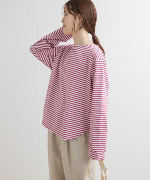＊＊URBAN RESEARCH DOORS / アーバンリサーチ ドアーズ Tシャツ | ラウンドヘムボーダーロングTシャツ（PINK×WHT）