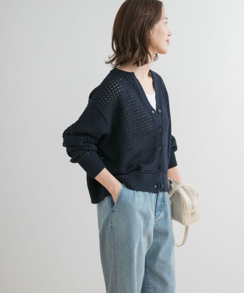 セール】 透かし柄キーネックカーディガン （カーディガン