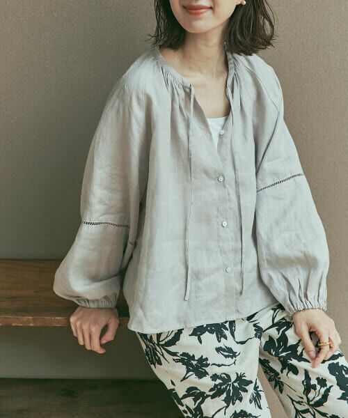 リネンはしごレースブラウス フレンチリネン・はしごレースTブラウス/40代50代からの