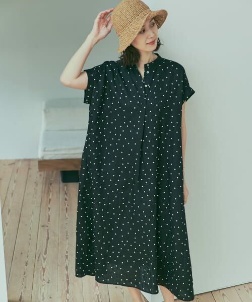 ＊＊URBAN RESEARCH DOORS / アーバンリサーチ ドアーズ ワンピース | リネンドットフレアワンピース（BLACK）