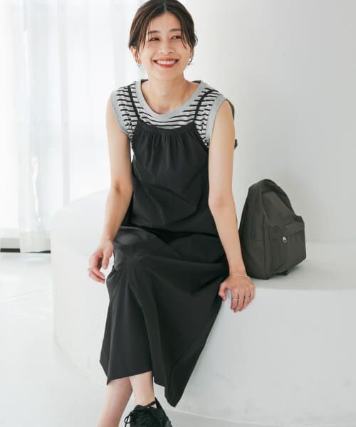 【洗える・ドライタッチ】ポンチケープＴシャツワンピース　ブラック　Sサイズ ストライプミニシャツワンピース＜大きいサイズ有＞シック