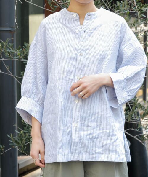 ＊＊URBAN RESEARCH DOORS / アーバンリサーチ ドアーズ シャツ・ブラウス | FORK&SPOON　コットンリネンギャザースリーブシャツ（STRIPE）