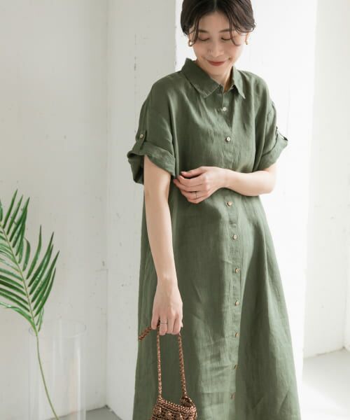 ＊＊URBAN RESEARCH DOORS / アーバンリサーチ ドアーズ ワンピース | 『WEB/一部店舗限定カラー』リネン半袖シャツワンピース（GREEN）