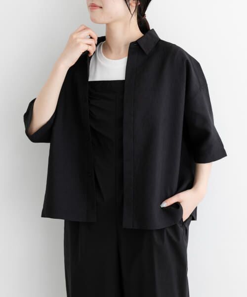24SS✨フレームワーク　フレンチリネンシャツ　麻　ゆったり　ブラック フレンチリネンバンドカラーシャツ（シャツ/ブラウス