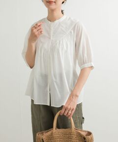 コットンボイルV切替ギャザーブラウス