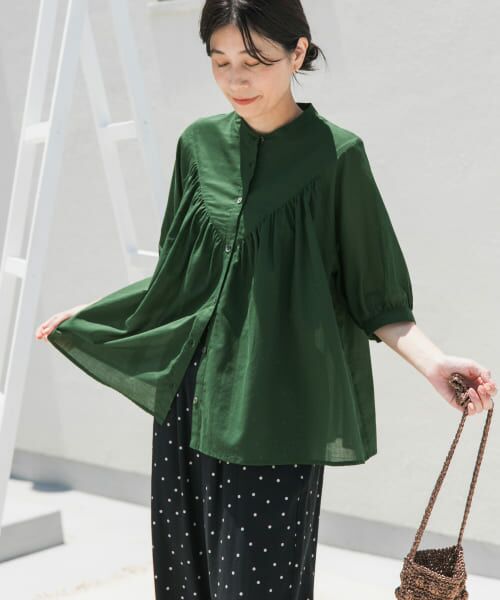 セール】 コットンボイルV切替ギャザーブラウス （シャツ・ブラウス