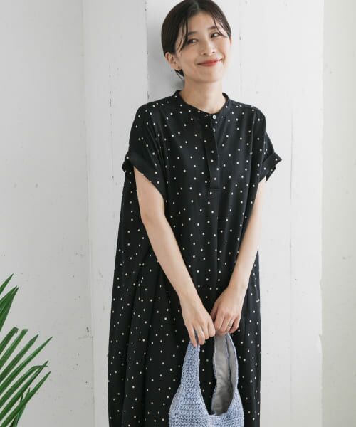 ＊＊URBAN RESEARCH DOORS / アーバンリサーチ ドアーズ ワンピース | リネンレーヨンドットフレアワンピース（BLACK）