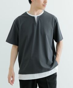 『イージーケア/吸水速乾』高機能ワッフル フェイクレイヤーキーネックTシャツ