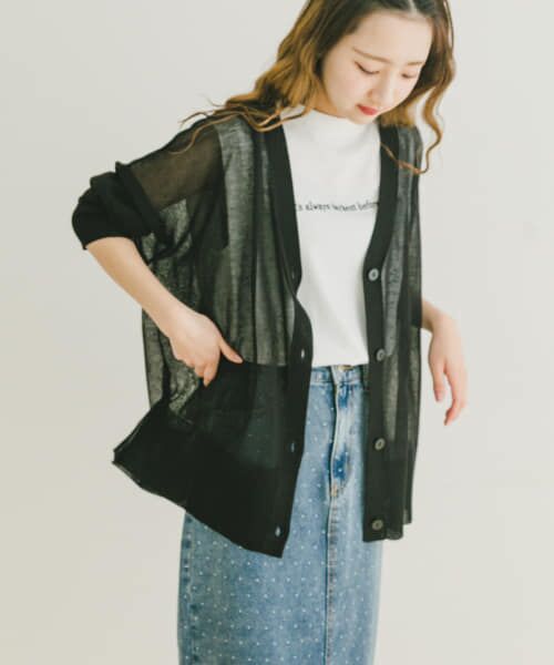 URBAN RESEARCH ITEMS/アーバンリサーチ アイテムズ シアーVネックニットカーディガン BLK FREE URBAN RESEARCH ITEMS/アーバンリサーチ アイテムズ シアーVネックニットカーディガン BLK FREE
