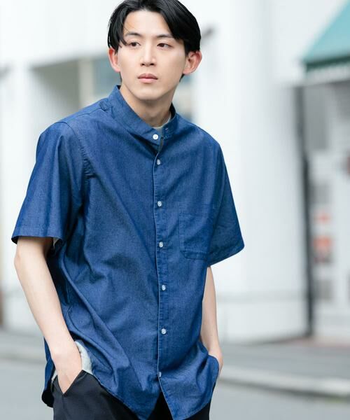 URBAN RESEARCH ITEMS/アーバンリサーチ アイテムズ TCインディゴ バンドカラー半袖シャツ ブルー M