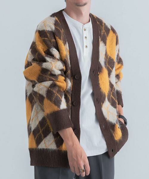 URBAN RESEARCH ITEMS/アーバンリサーチ アイテムズ アーガイルモヘア オーバーサイズニットカーディガン ブラウン L