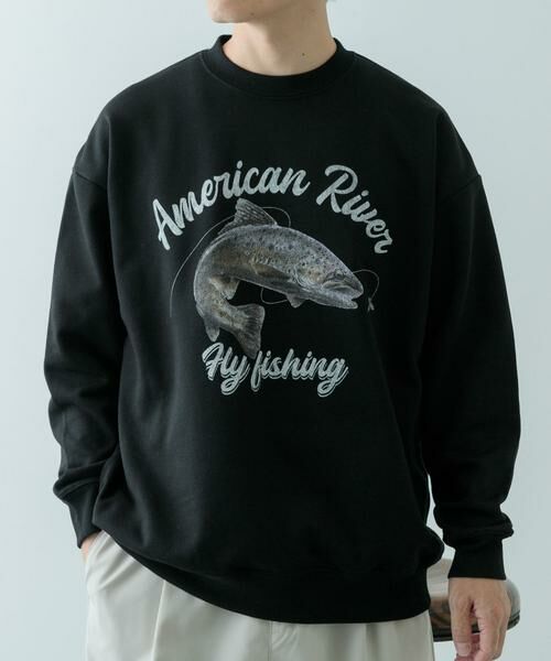 URBAN RESEARCH ITEMS/アーバンリサーチ アイテムズ クルーネックスエット fishing ブラック M URBAN RESEARCH ITEMS/アーバンリサーチ アイテムズ クルーネックスエット fishing ブラック M
