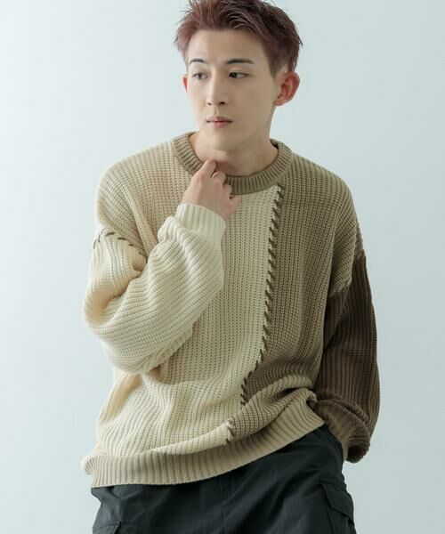 URBAN RESEARCH ITEMS/アーバンリサーチ アイテムズ ブランケットステッチ パッチワークニット ホワイト M