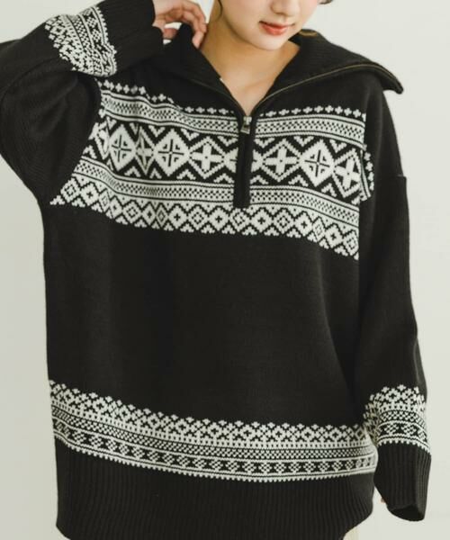 URBAN RESEARCH ITEMS/アーバンリサーチ アイテムズ ハーフジップニット ブラック FREE