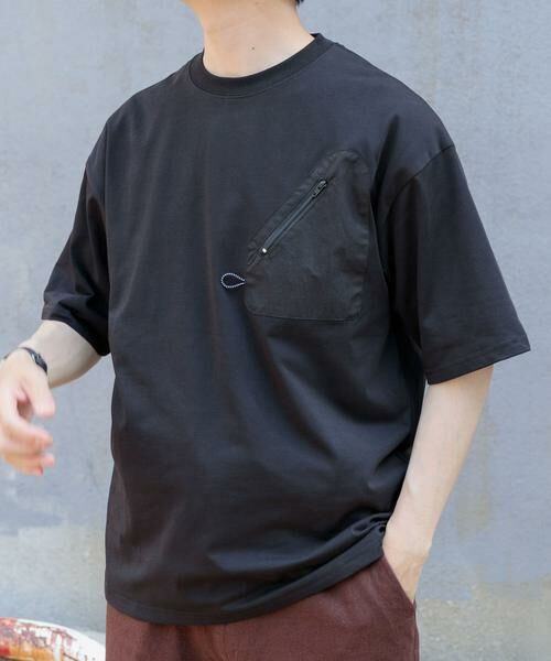URBAN RESEARCH ITEMS/アーバンリサーチ アイテムズ ジップポケットキリカエクルーネックTシャツ ブラック M URBAN RESEARCH ITEMS/アーバンリサーチ アイテムズ ジップポケットキリカエクルーネックTシャツ ブラック M