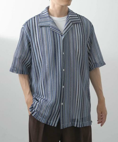 URBAN RESEARCH ITEMS/アーバンリサーチ アイテムズ マルチストライプレースオープンカラーショートスリーブシャツ ブルー L