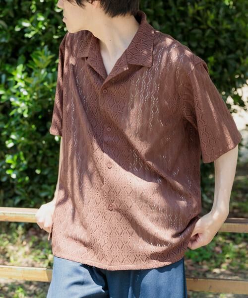 URBAN RESEARCH ITEMS/アーバンリサーチ アイテムズ ジオメレースオープンカラー半袖シャツ ブラウン L URBAN RESEARCH ITEMS/アーバンリサーチ アイテムズ ジオメレースオープンカラー半袖シャツ ブラウン L
