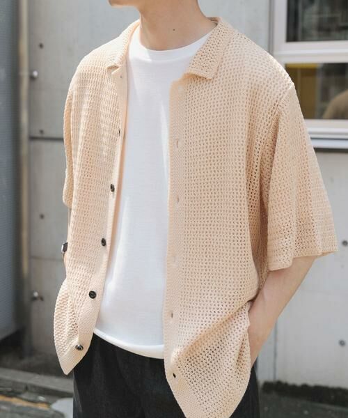 URBAN RESEARCH ITEMS/アーバンリサーチ アイテムズ 透かし編みニットレギュラーカラーシャツ アイボリー M