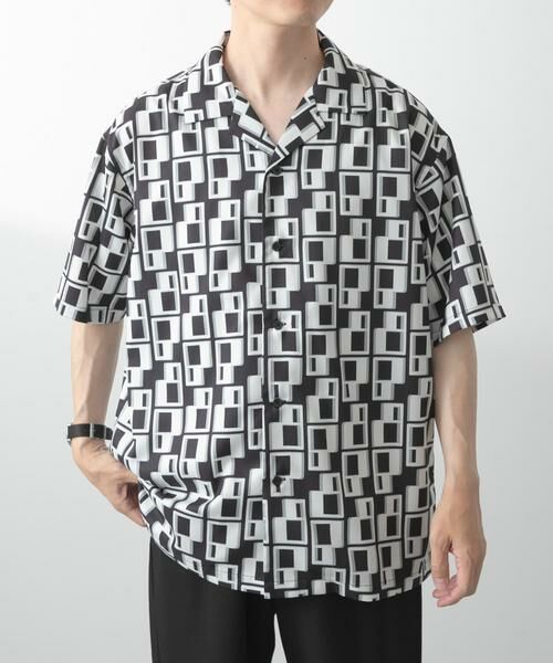 URBAN RESEARCH ITEMS/アーバンリサーチ アイテムズ ジオメトリックプリントオープンカラーシャツB ブラック L