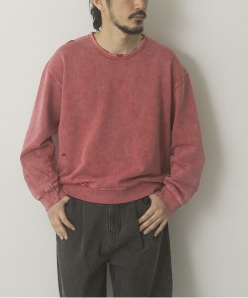 URBAN RESEARCH ITEMS / アーバンリサーチ アイテムズ スウェット | ダメージ裏毛 クルーネックスウェット(レッド)