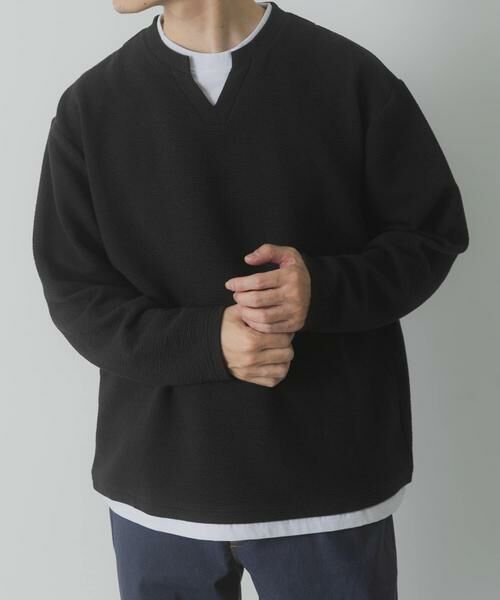 URBAN RESEARCH ITEMS / アーバンリサーチ アイテムズ Tシャツ | フェイクレイヤード ジャカード スキッパー（ブラック）