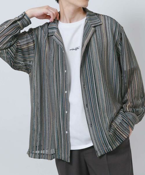 URBAN RESEARCH ITEMS / アーバンリサーチ アイテムズ シャツ・ブラウス | マルチストライプレースオープンカラーシャツ（グリーン）