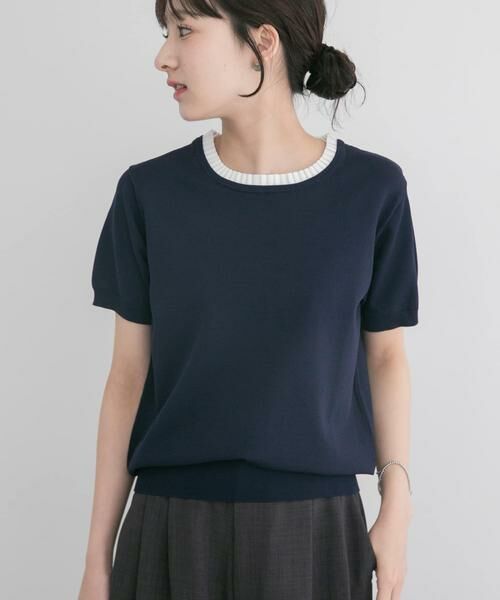 URBAN RESEARCH ITEMS / アーバンリサーチ アイテムズ ニット・セーター | フリルネック半袖ニットトップス（ネイビー）