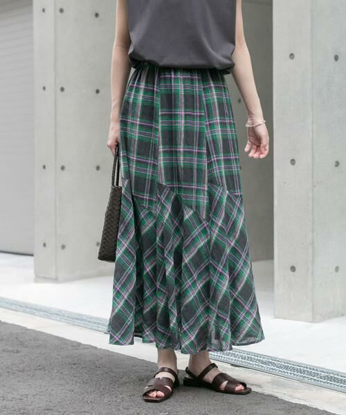 URBAN RESEARCH ITEMS / アーバンリサーチ アイテムズ ロング・マキシ丈スカート | チェック切替えスカート（グリーン）