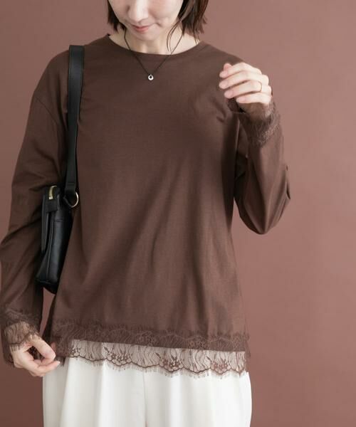 URBAN RESEARCH ITEMS / アーバンリサーチ アイテムズ Tシャツ | レース切替ロングTシャツ（ブラウン）