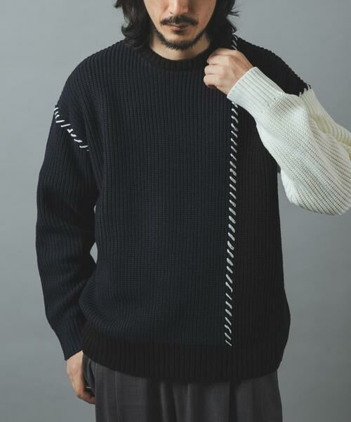 URBAN RESEARCH ITEMS / アーバンリサーチ アイテムズ ニット・セーター | ブランケットステッチ パッチワークニット（ネイビー）