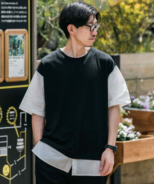 ＊＊URBAN RESEARCH ITEMS / アーバンリサーチ アイテムズ Tシャツ | 布帛切替レイヤードクルーネックトップス（BLK）