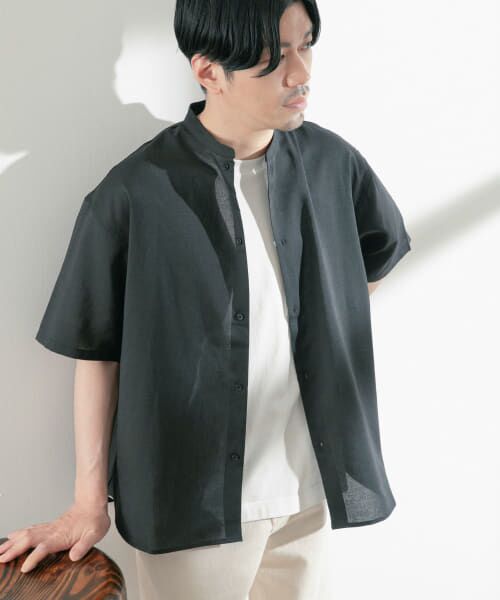 ＊＊URBAN RESEARCH ITEMS / アーバンリサーチ アイテムズ シャツ・ブラウス | リネンレーヨン バンドカラー半袖シャツ（BLK）